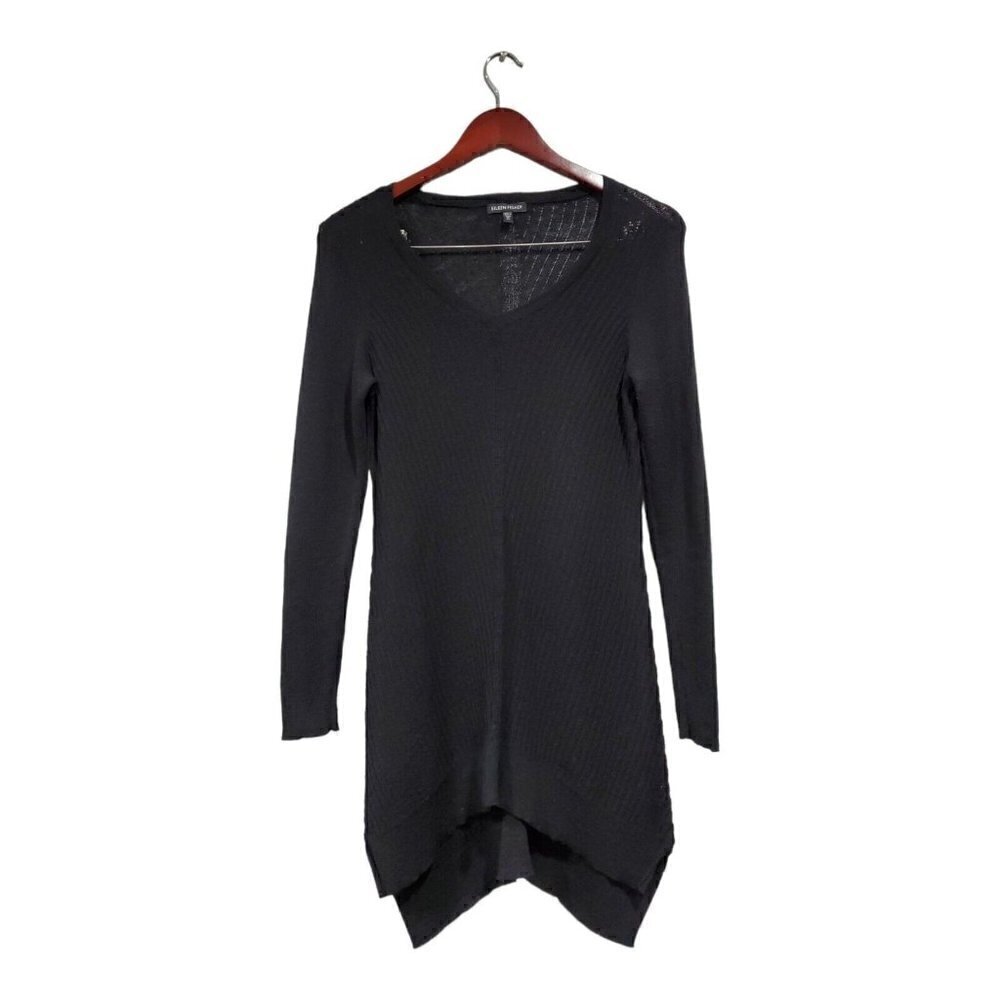 Eileen Fisher Tunic Sweater Black Long Sleeve Shark-bite Hem V-Neck 100% Wool